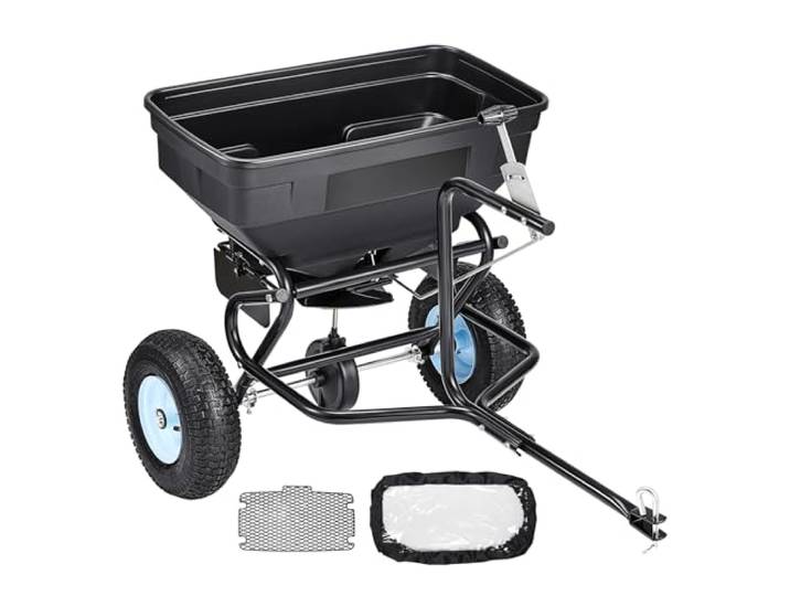 VEVOR Épandeur Engrais Tracté Capacité 59 kg Épandeur à Semence à Remorquer Largeur Épandage 0-3 m Semoir à Pousser pour Graines\, Sel Déneigement\, Semer Jardinage\, Pelouse\, Gazon\, avec Roues 33 cm