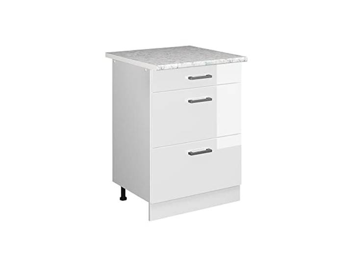 Vicco Küchenunterschrank R-Line , Weiß Hochglanz/Weiß 60 cm 3 Schubladen · Arbeitsplatte Marmor · Höhenverst. Füße · Leichter Zugriff · Frei kombinierbar