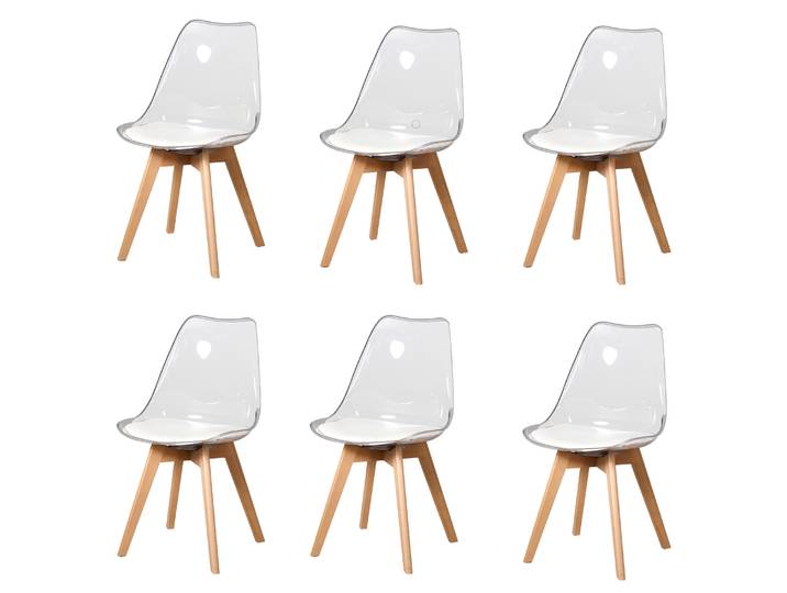 EGOONM un ensemble de 6 chaises de salle à manger transparentes pieds en bois coussinets en PU siège pour cuisine chambre salon meubles de cuisine blanc