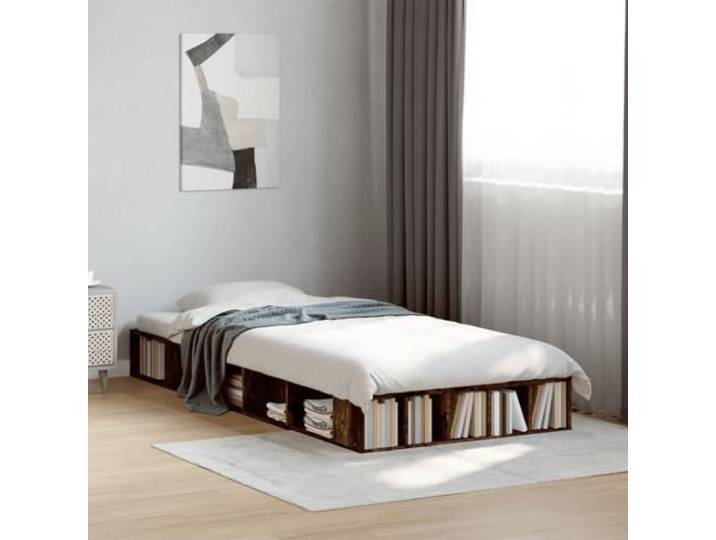 RJPLMFV Bettgestell, Holz, 90 x 200 cm, Rauch-Eiche Mit Aufbewahrung, Lattenrost inklusive, ohne Matratze, langlebig und stabil
