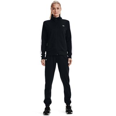 Trainingsanzug UNDER ARMOUR "TRICOT TRACKSUIT", Damen, Gr. M, schwarz-weiß (schwarz, weiß, weiß), Obermaterial: 100% Polyester, Sportanzüge Trainingsanzug, für vielseitige Aktivitäten, leichtes Material, pflegeleicht