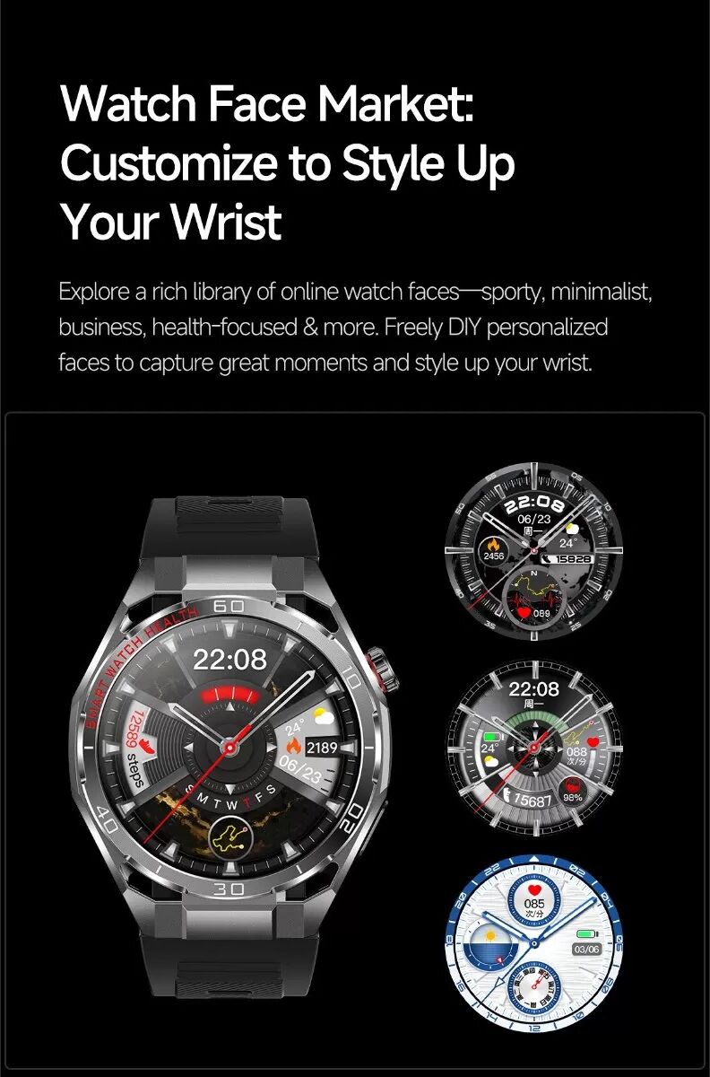INF Smartwatch (Rotes Armband) kompatibel mit Android und iOS - 1.47" 466x466 AMOLED, Bluetooth LE 5.3, ECG-Unterstützung