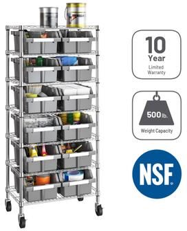 "Seville Classics Commercial 7-Tier NSF 12 Bin Steel Rack Shelving Storage System, 24"" W x 14.25"" D x 56"" H"