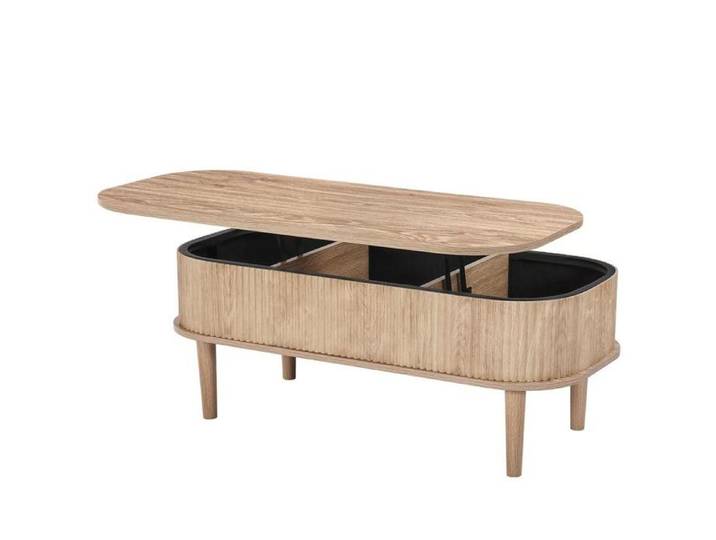 Table basse relevable ovale avec rangement 3 compartiments cachés design cannelé salon ou bureau
