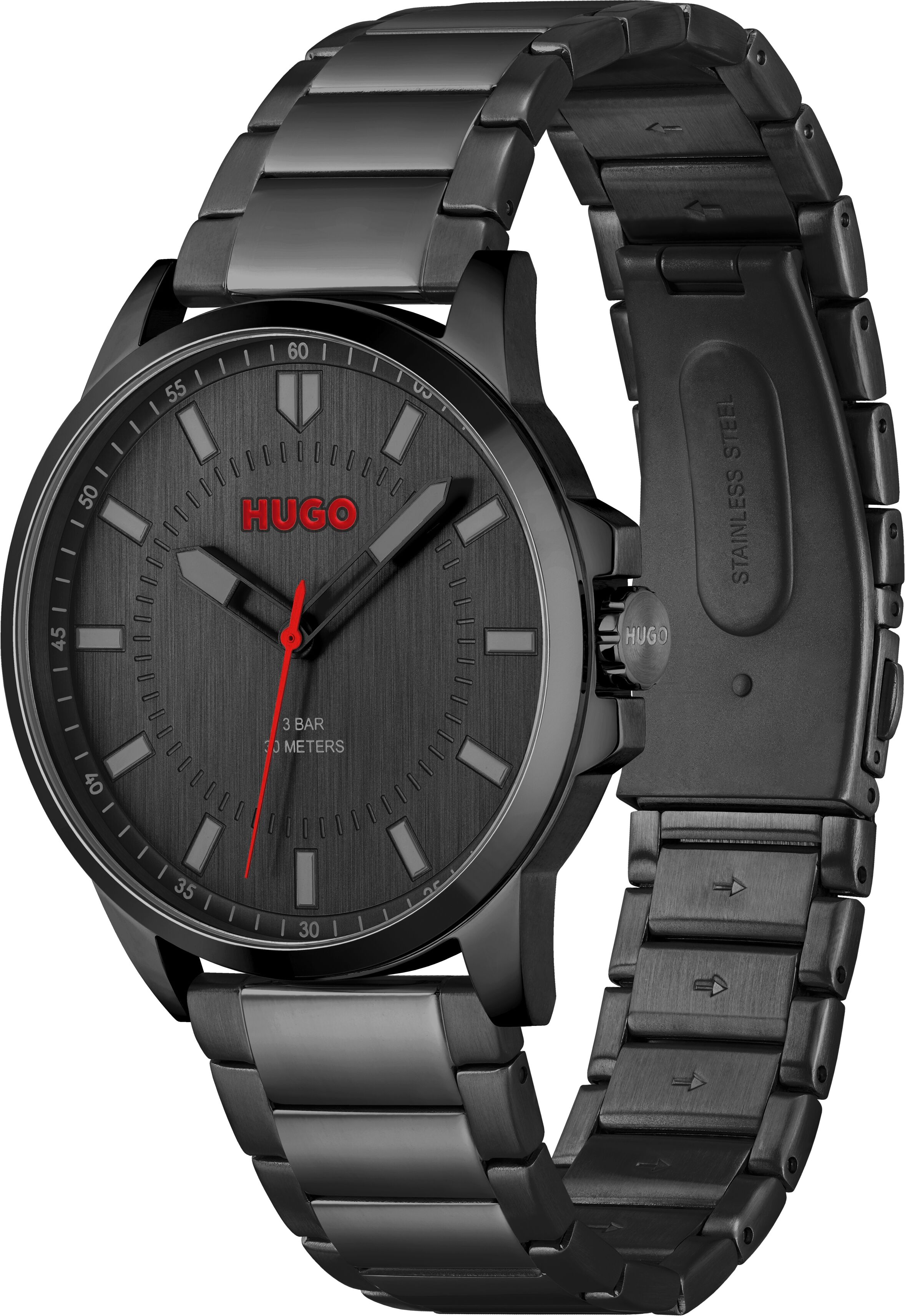 Quarzuhr HUGO "FIRST", schwarz (schwarz, schwarz, schwarz), Armbanduhren, Herren, schwarz, Quarzuhr, Armbanduhr, Herrenuhr, Mineralglas, Edelstahlarmband, Topseller