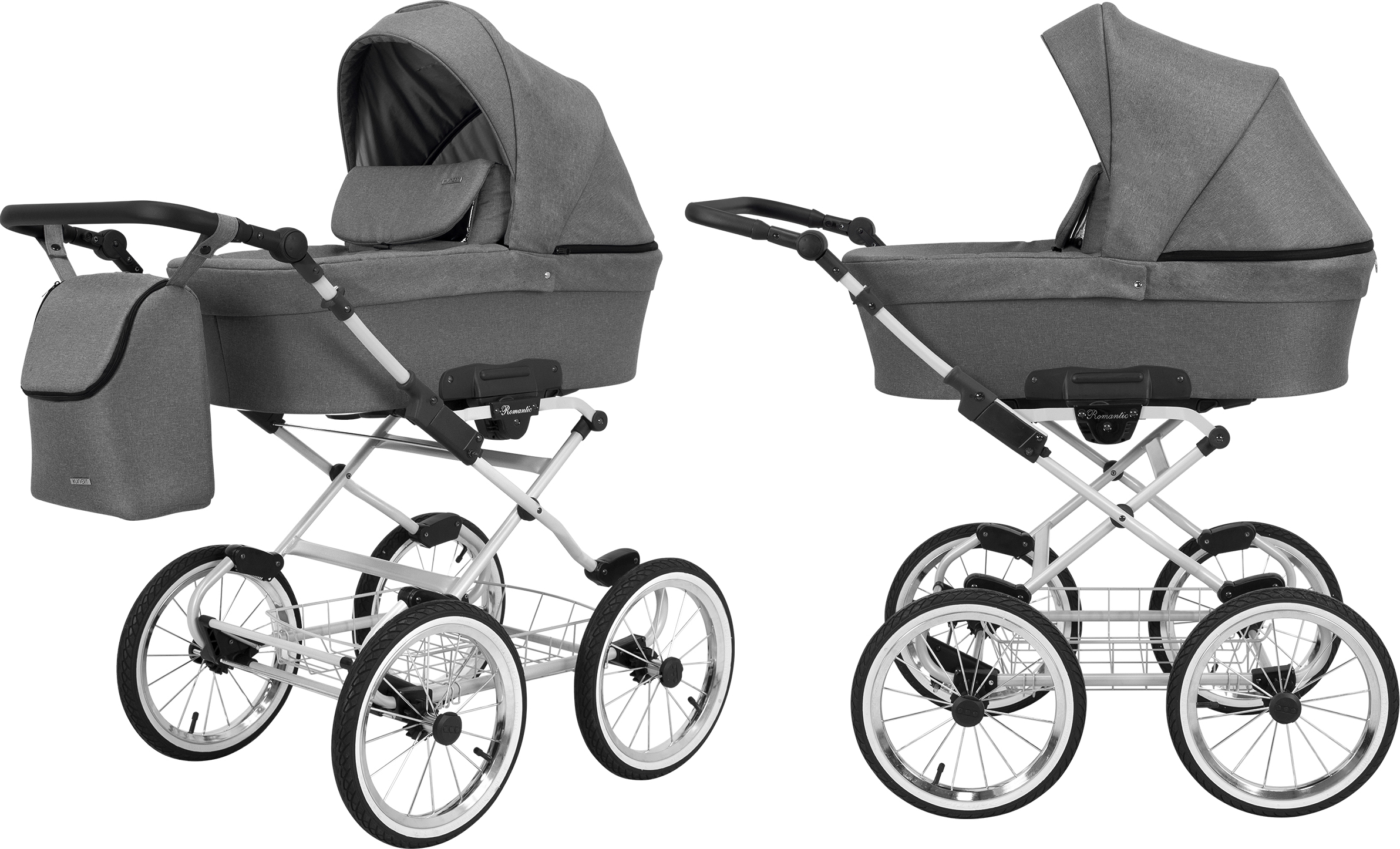 Kinderwagen ROMANTIC Babywagen Babyschale Kinder Wagen Set 1 in 1 (grau, Rahmenfarbe: grauer Rahmen)