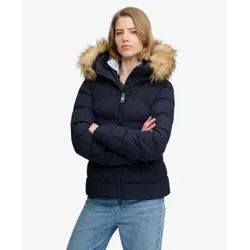 Superdry für Damen. W5012184A Wattierte Fuji-Jacke mit Kunstfell und Kapuze marineblau (XS), Lässig, Polyester