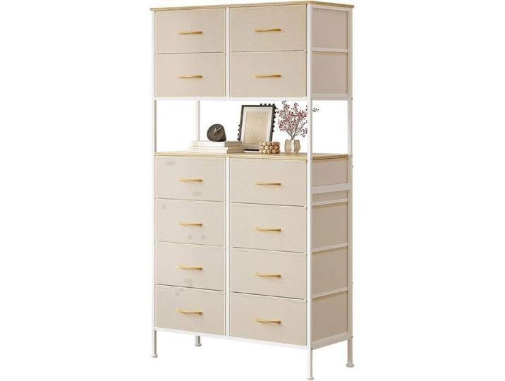 Commode 12 Tiroirs En Tissu Commode Chambre NETTAESENO Commode En Tissu Meuble de Rangement 35 x 80 x 162 cm Métal & MDF Beige