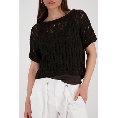 Ajourpullover MONARI "Pullover Ajour", Damen, Gr. 36, schwarz (braun), Strick, Obermaterial: 87% Polyacryl, 13% Polyamid, unifarben, regular fit taillenbedeckt, Rundhals, eingesetzt Rippstrickbündchen, Pullover, Regular fit mit Ajour-Strick