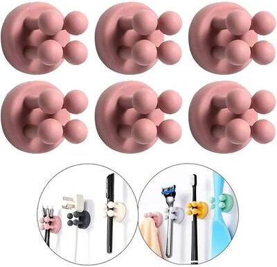 Inspire Select Silicone Toothbrush Holder Waterproof Self Adhesive Multi Purpose Wall Hook For Bathroom Organization pink 6 Pcs