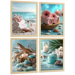 POSTER 4er-Set Badezimmer-Wandposter, Strand-Spa-Poster für Waschbecken, Dusche, WC mit Muscheln, Kerzen, Handtüchern und Meersalz Rahmenlos A3