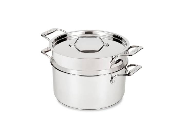 All-Clad Simply Strain Suppentopf aus Edelstahl, Multipot mit Einsatz und Deckel, 8 Quart, Induktion, ofenfest, 600 F, Sieb, Nudelsieb mit Griff, Dampfgarer, Töpfe und Pfannen, Silber