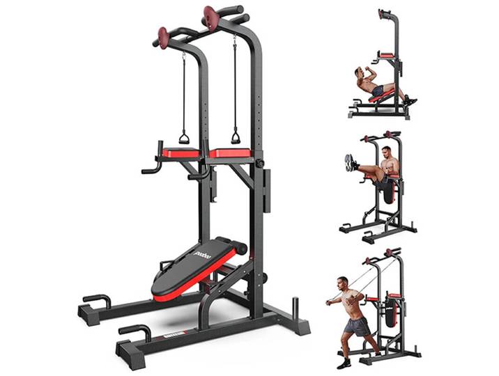 Pooboo multifunctioneel power tower met bank en klimgreep optrekstang dipstation voor thuistraining krachttraining fitnessapparatuur