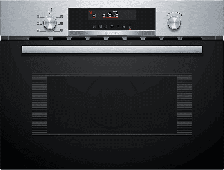 Horno compacto con microondas - Bosch CMA585GS1, Multifunción, Limpieza por agua, 44 l, Mandos ocultables, calentamiento 3D Profesional, 60 cm, Inox