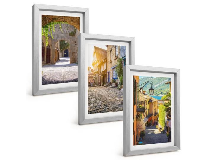 BILDER SET 3er Set - 20x30 cm Silberner Rahmen - Charmante Steinstraßen