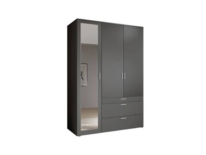 möbelando Drehtürenschrank >Vesala< Graphitfarbener Kleiderschrank mit Spiegel, 3 Türen & 3 Schubladen, 135x195 cm, Melamin, 4 Einlegeböden, Kleiderstange, Schubkasteneinteilung, zerlegt geliefert