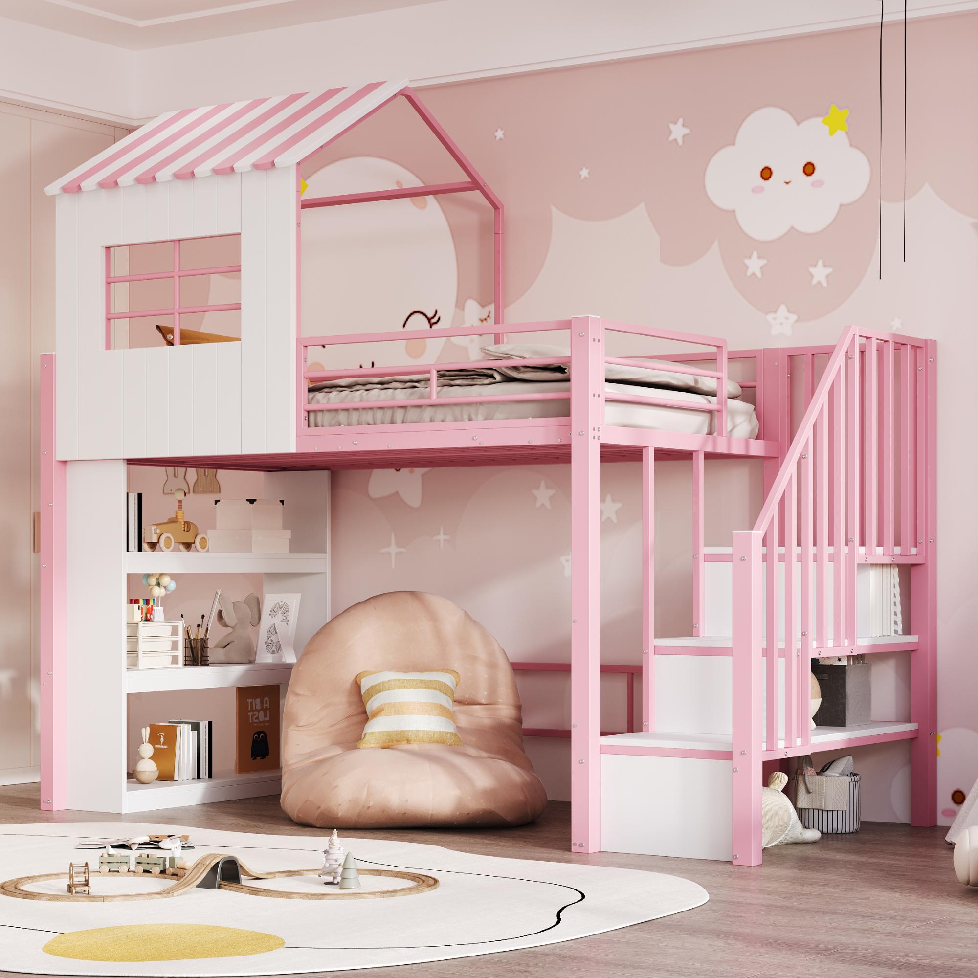 Flieks Etagenbett 90x200cm mit Ablagen, Kinderbett Hausbett mit Fenster, Hochbett Metallbett mit Treppe und Rausfallschutz, Stockbett Rosa