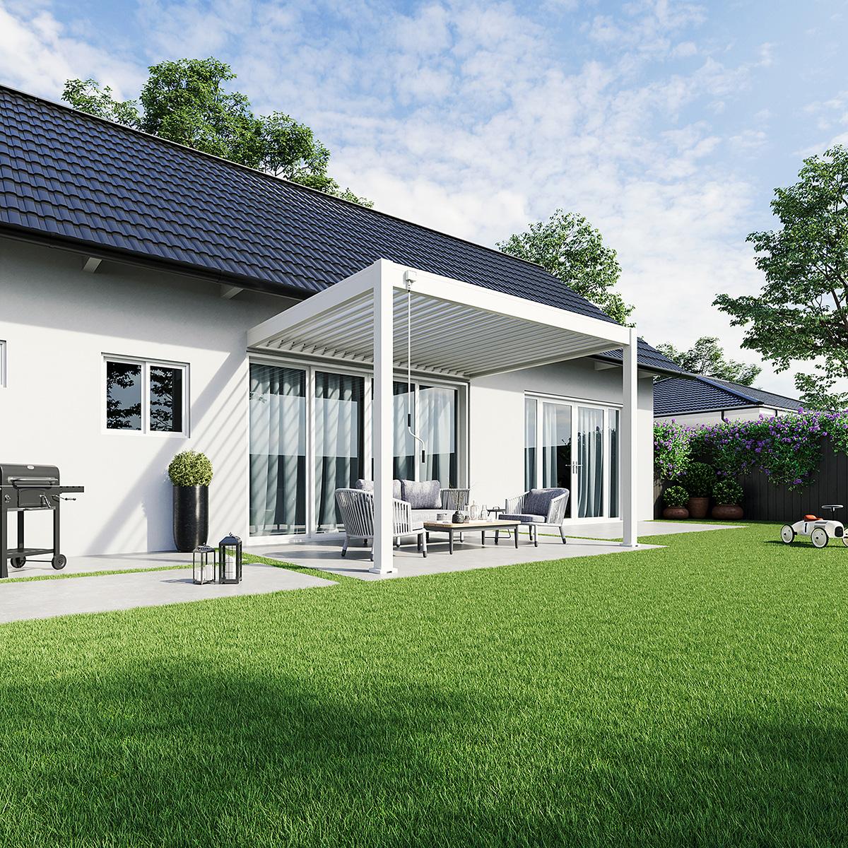 Weide Deluxe Wand-Pergola Voll-Aluminium 3x3,6m mit Lamellendach weiß