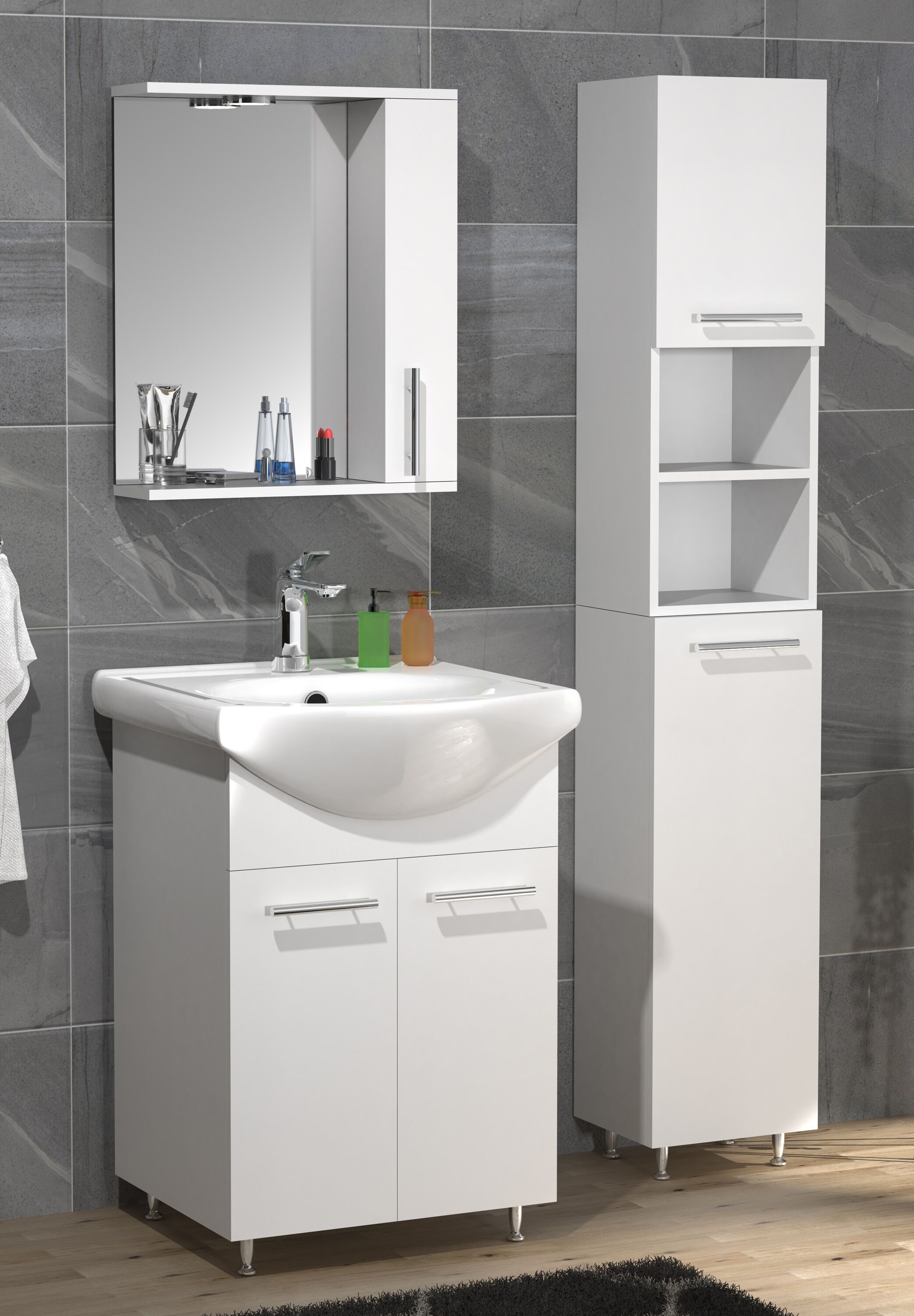 Waschtisch VCM "4tlg Waschplatz Waschtisch Spiegelschrank Lisalo M", weiß, B:85cm T:45cm, Waschtische, Waschtisch