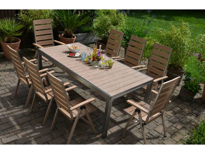 Garnitur Orlando im Edelstahl/Teak Look 180/270cmx100cm + 6 Hochlehner-Sessel