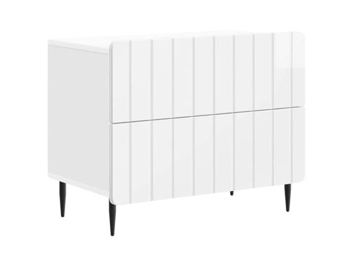 Fisinber Nachttisch Hochglanz Weiß 62x34,5x49,5 cm Holzwerkstoff Moderne Nachtkommode fürs Schlafzimmer mit 2 Schubladen, gestreifter Front und robusten Eisenbeinen für elegantes Wohnen.