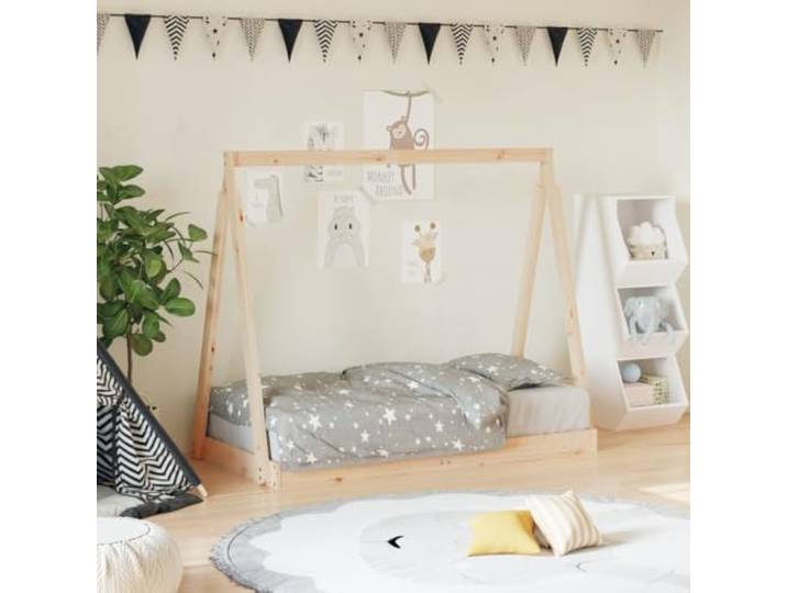 LPERTGFHU Kinderbett 70x140 cm Kiefer Massivholz Tipi-Bett Hausbett Rustikale Optik, Offener Kreuzrahmen, Bodennah für Sicherheit