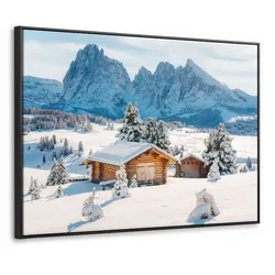 LEINWAND Bilder mit Rahmen - Winter - Hütte - Berge - Aussicht - Schnee - 100x70
