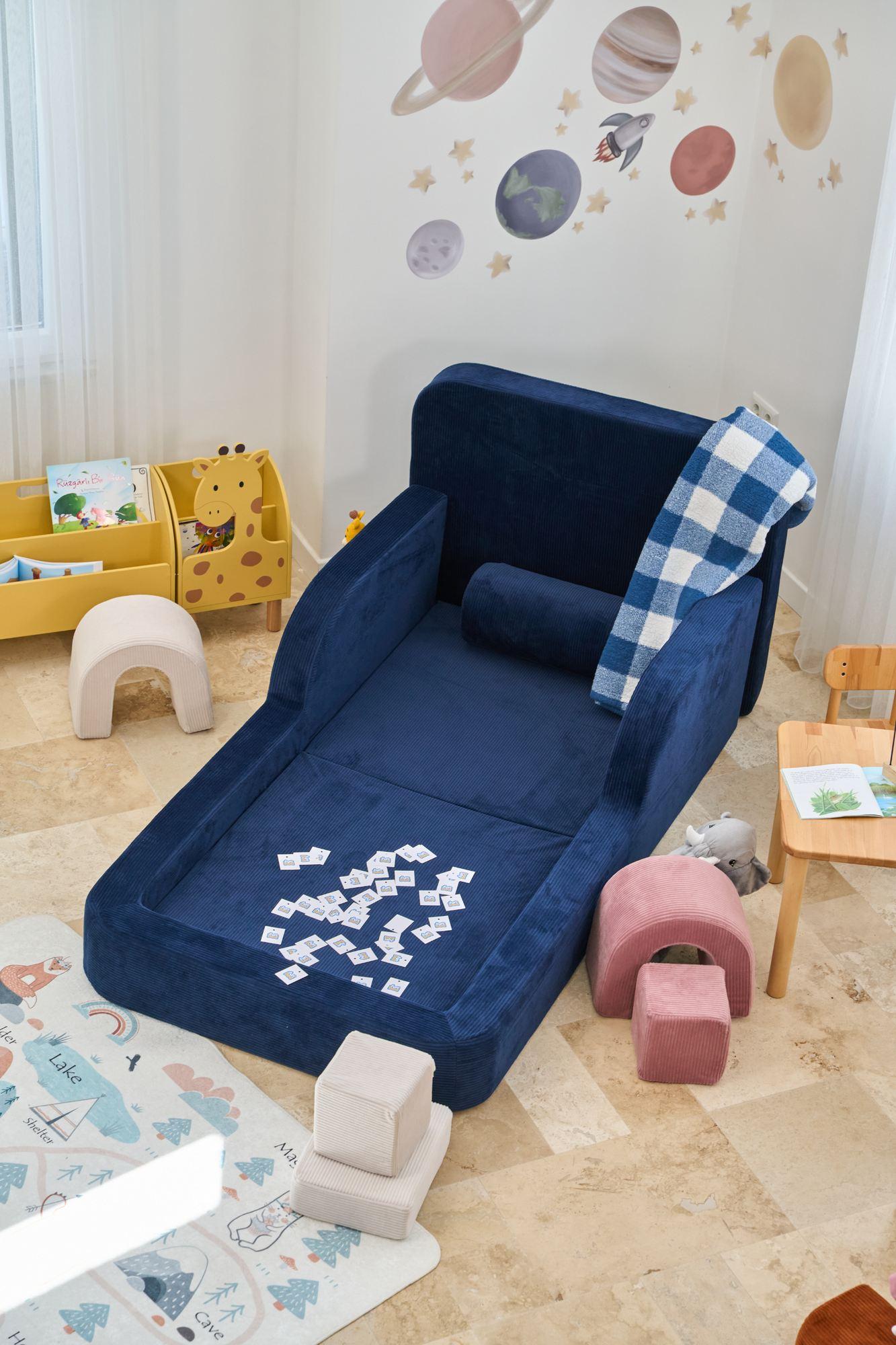 Hanah Home, Hochwertiges Kinderbett, Navy Blau, 90x90x210 cm, 100% Plüschstoff