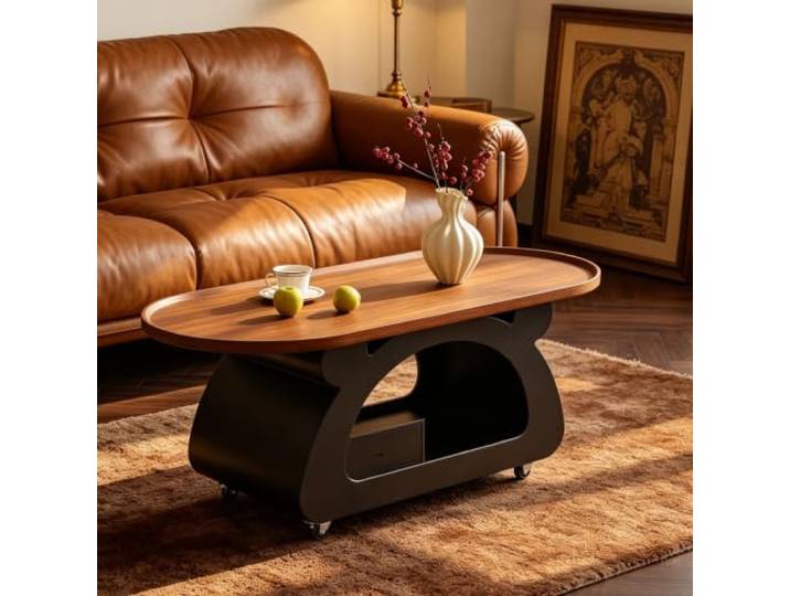 EBOYNSowAprr Moderner Runder Couchtisch, Mobiler Mitteltisch für Wohnzimmer Platzsparender Rollbarer Teetisch für Kleine Wohnungen(Black+Walnut,31.5x15.7x17.7 in)