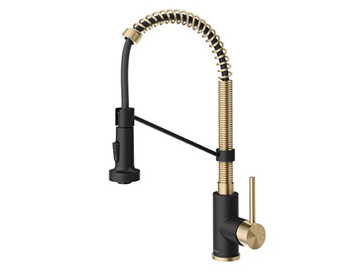 KRAUS Bolden Küchenarmatur im kommerziellen Stil, 2 Funktionen, Einhebel-Küchenarmatur zum Herunterziehen, fleckenfreier antiker Champagnerbronze/Mattschwarz, KPF-1610SFACBMB