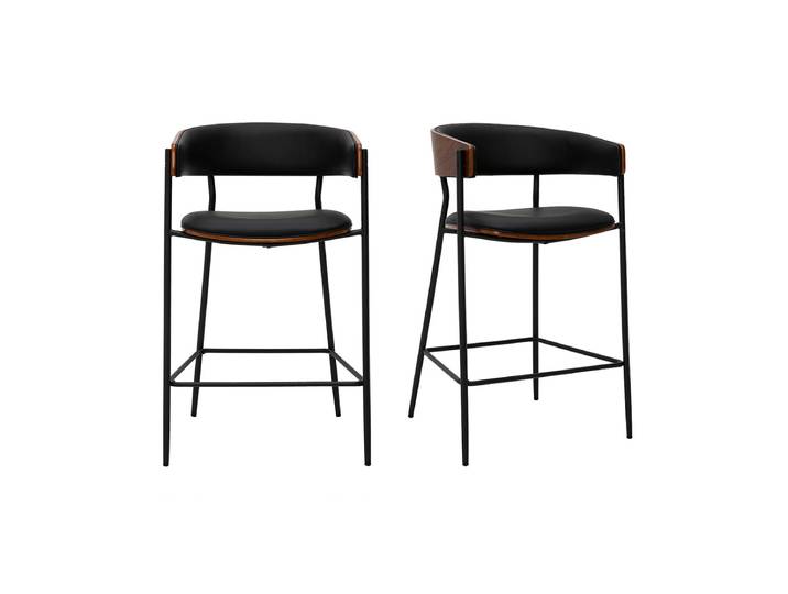 Tabourets de bar design noirs et bois foncé noyer H66.5 cm (lot de 2) DANTE