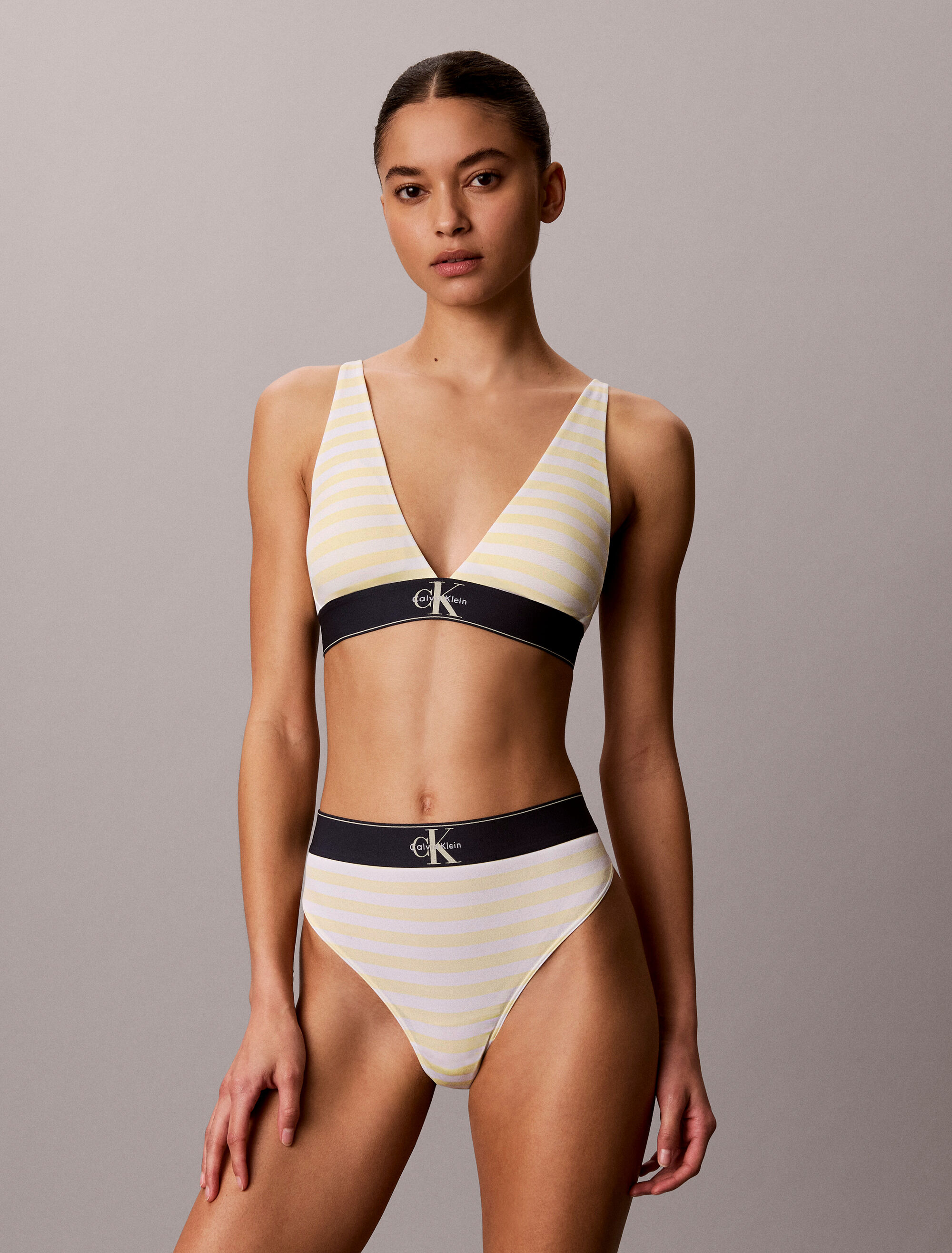 Triangel-BH "LIGHTLY LINED TRIANGLE", Damen, Gr. XS (34), N-Gr, gelb (cent stripe anise flower), Jersey, Obermaterial: 92% Polyester, 8% Elasthan, CALVIN KLEIN UNDERWEAR, geringelt, körpernah, BHs Triangel-BH, Körpernahe Passform mit verstellbaren Trägern