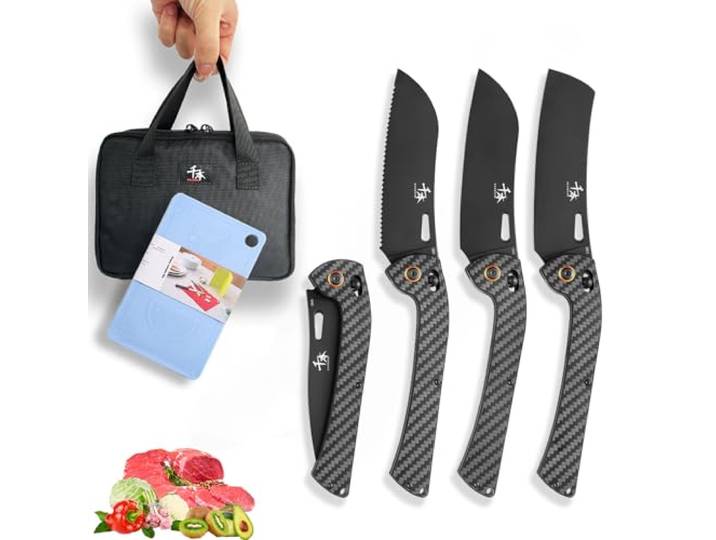 SENBON faltbarer Küchenmesser, AUS-8 Edelstahl mit schwarzer Titanbeschichtung, Kohlefasergriff mit Rückenclip, Obstmesser, Brötchenmesser 4er-Set