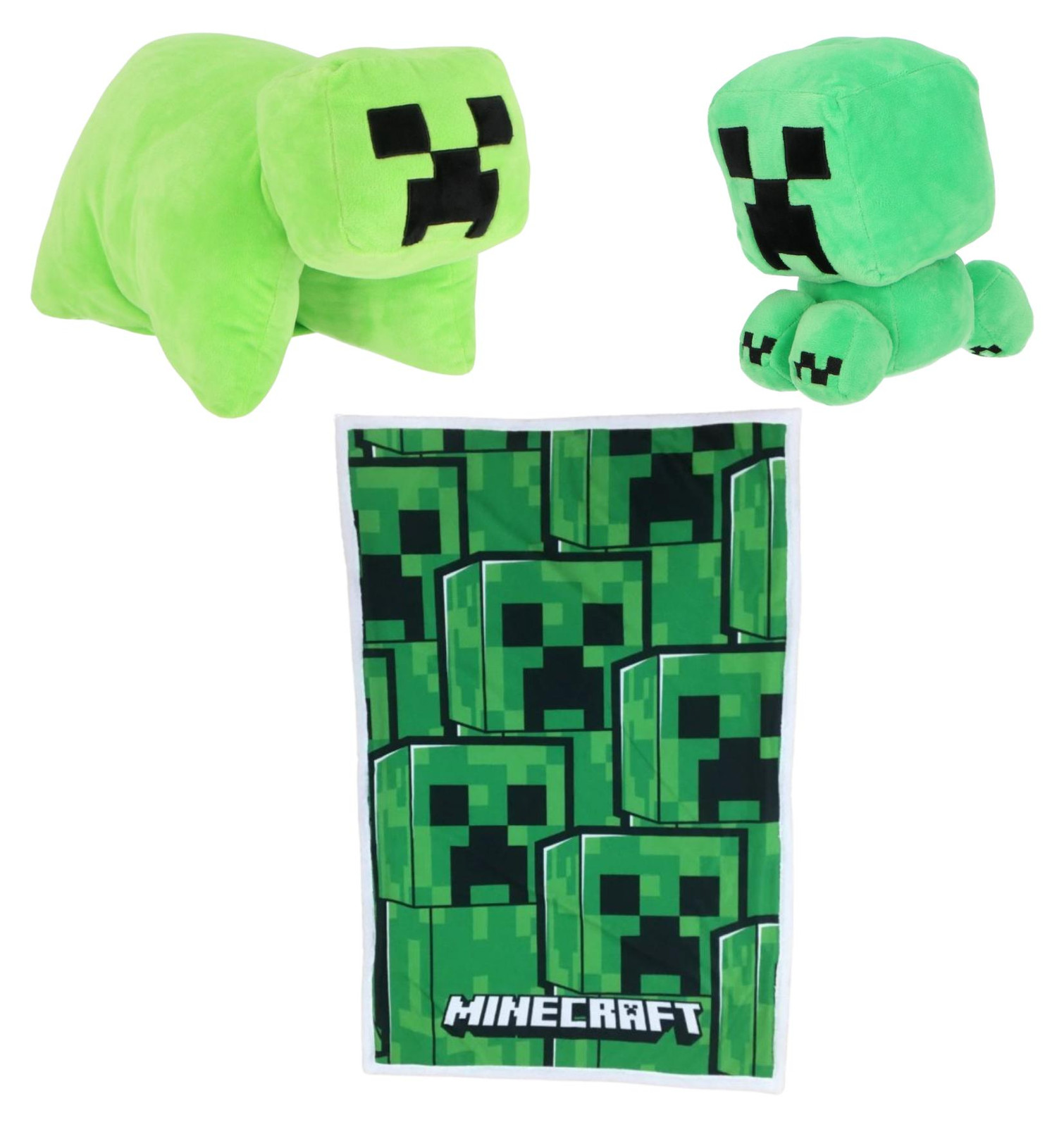 Unyqoos Minecraft Creeper slaapset voor kinderen, 3-delig met fleece deken, kussen en knuffel in het groen