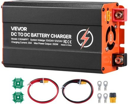 VEVOR DC-DC acculader met MPPT 350W 30A, laadbooster met dubbele ingang voor zonnepanelen en dynamo, geschikt voor LiFePO4 en loodzuuraccu's, 12V/24V, zwart