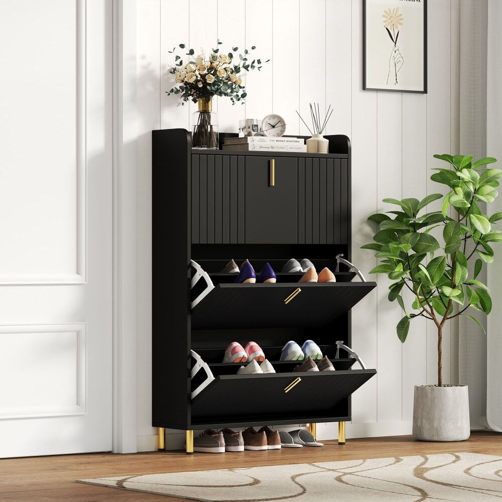 Urban Meuble Meuble à chaussures noir design rayures 3 abattants 80x23,5x123,5cm Noir 80x124x24cm