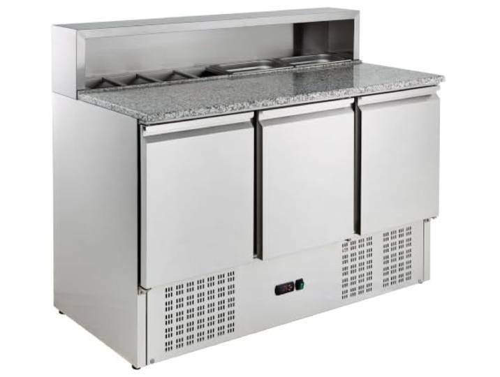 GastroHero Pizzatisch, Kühltisch, 402L, Edelstahl PSH903 +2 °C bis +8 °C, hochwertige Granit-Arbeitsplatte, 3 Türen, digitale Temperaturanzeige, Platz für 8 x 1/6 GN Behälter