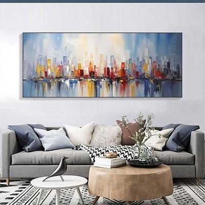 Handgefertigtes Original-Stadtbild-Ölgemälde auf Leinwand, Wandkunst, farbenfrohe Gebäude, Heimdekoration mit gespanntem Rahmen/ohne Gemälde mit Innenrahmen