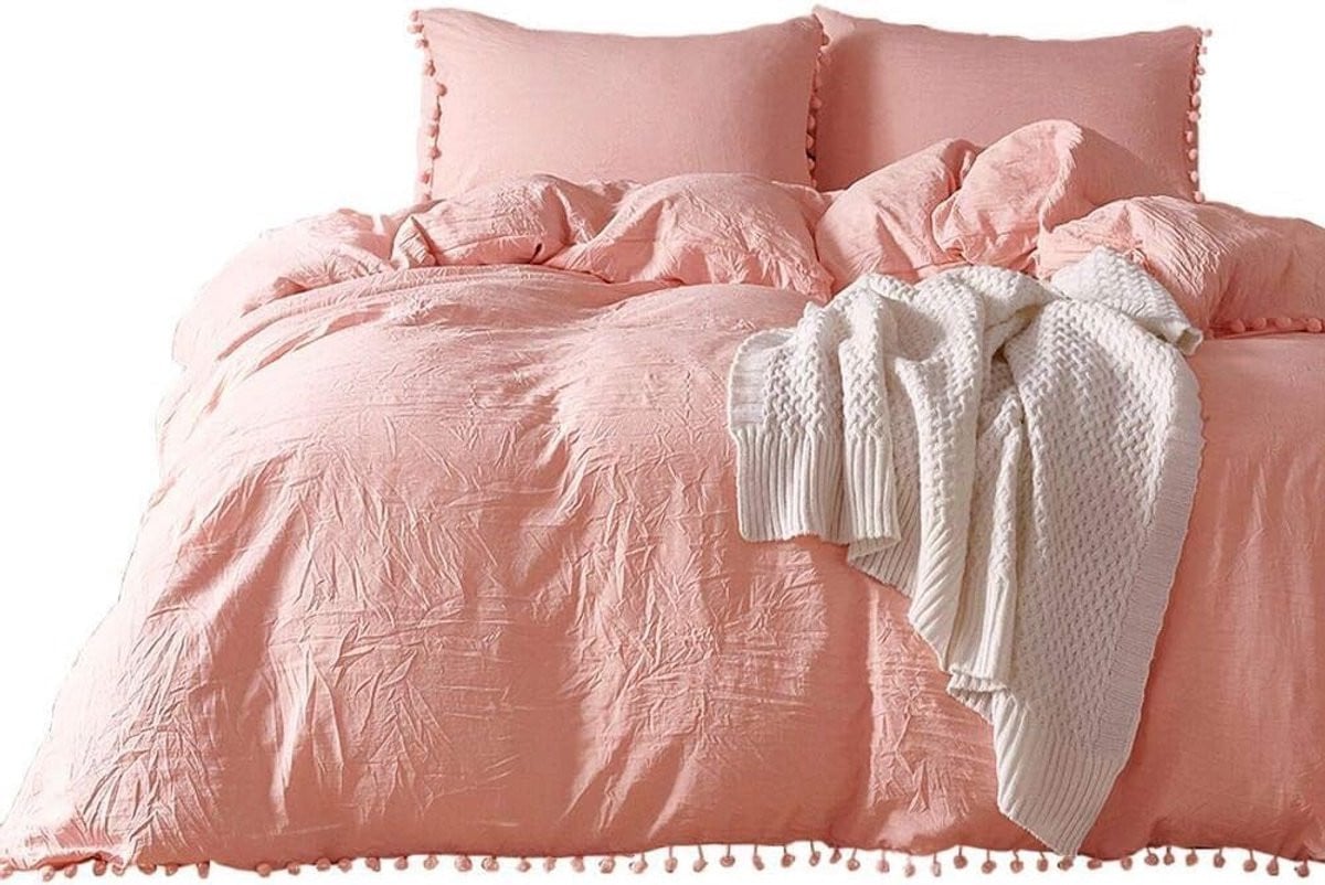 Eenpersoons Dekbedovertrek Meisjes met Pompons en Ritssluiting - 100% Microvezel Beddengoedset