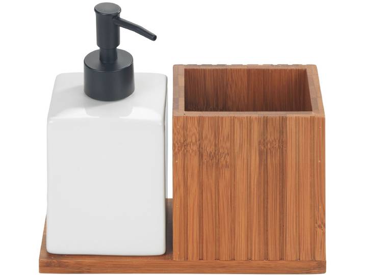 Spülmittelspender WENKO Modell Mera , braun (dunkelbraun), B:18,5cm H:17cm T:8,5cm, Bambus, Keramik, Kunststoff, Dosierspender, Spülmittelspender, mit Utensilienhalter, Keramik & geräucherter Bambus, Landhaus-Stil