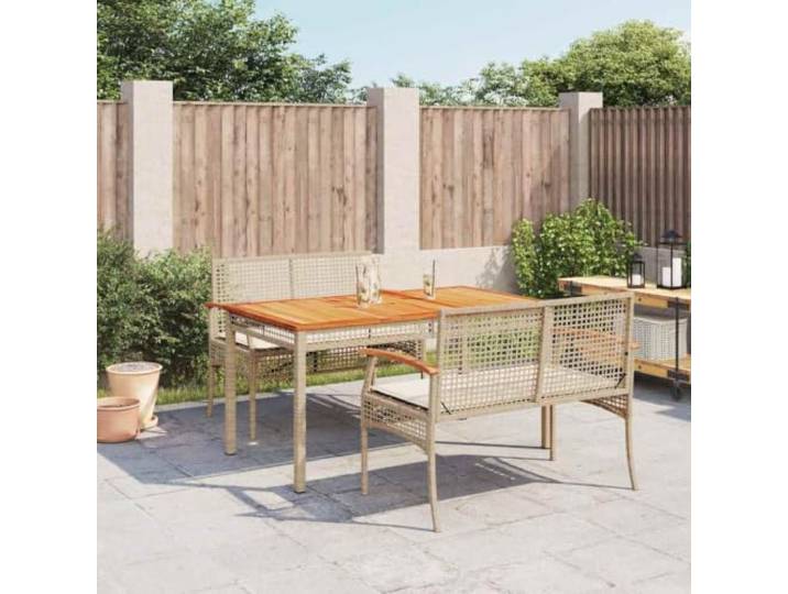 HEFZGDB 3-TLG. Garten-Essgruppe mit Kissen Beige Poly Rattan, Outdoor Esstischgruppe mit Akazienholz Tischplatte und Polsterauflagen, pflegeleichtes PE-Geflecht für Terrasse