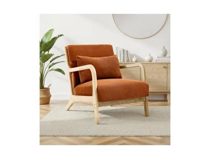 Fauteuil scandinave vintage en velours côtelé - SICAAN - Collection MARIE - Gris - Bois massif - Accoudoirs