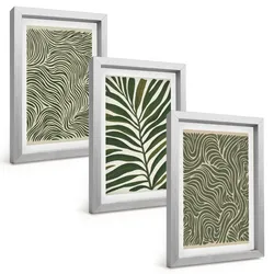 BILDER SET 3er Set - 20x30 cm Silberner Rahmen - Blattmuster wellenförmige Formen