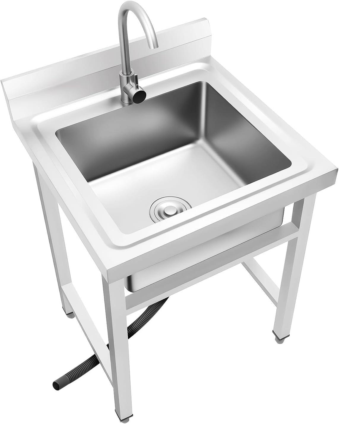 Freistehendes Edelstahl-Waschbecken 60x60 cm mit Kalt-/Warmwasserarmatur, Robustes Ausgussbecken für Gewerbliche Küchen, Außenbereiche und Garagen, Mobiler Spültisch mit Stabiler Konstruktion