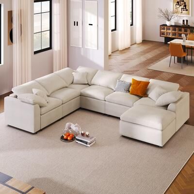 Direct Wicker "120.8"" Extra Large 7-Seater Modular Chenille Sectional Sofa with L-Shape Design & Movable Ottoman"