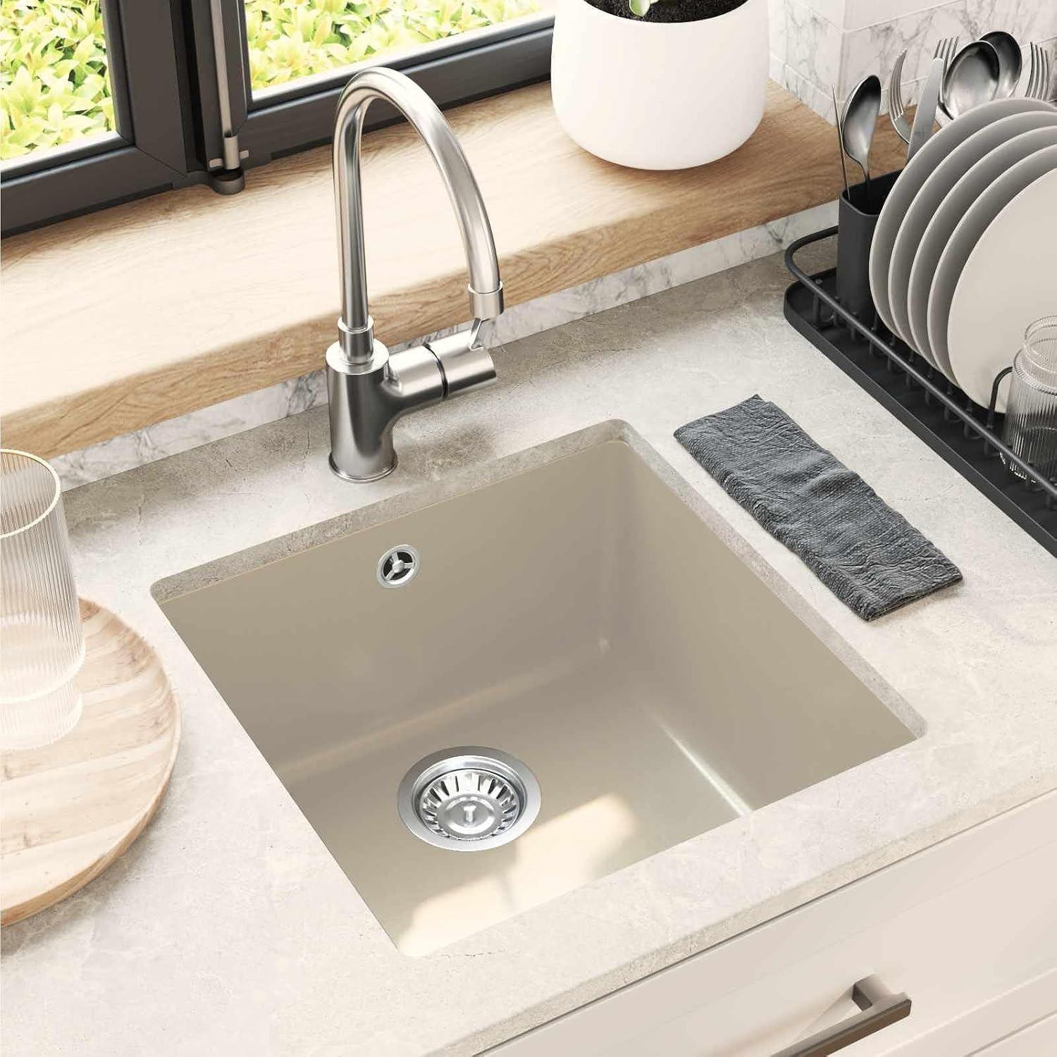 Beige rechteckige Küchenspüle aus Quarz-Harz-Granit, 430 x 460 mm, als Einbauspüle mit Unterbau und Abtropffläche für Küche, Camping und Wohnmobil