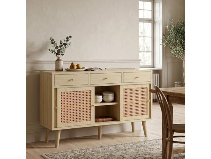 Merax Sideboard Kommode mit Schubladen und Schiebetüren, Weaved Rattan, Echtholzbeinen, verstellbare Ablagen, Eichenfarbe1, 120x40x78cm