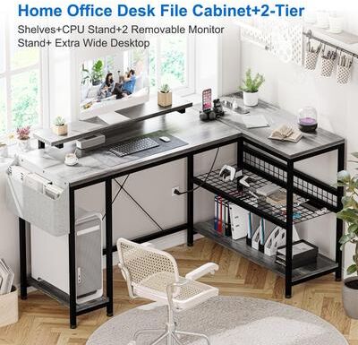 Cathe "L Shaped Computer Desk with Power Outlets & LED Light, 49.6"" Reversible Corner Computer Desk"