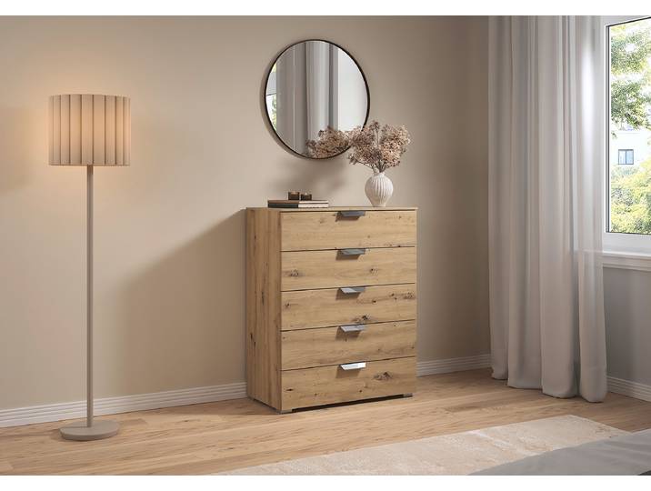 Kommode Aditio mit 5 Schubladen 80cm Holz/Eiche Artisan Dekor Silber