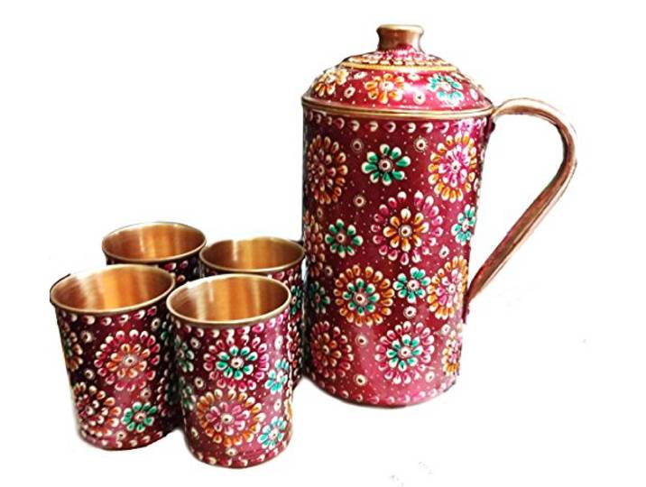 RASTOGI Kunsthandwerk reines Kupfer Drinkware Set von 1 Krug & 4 Glas handbemalt nutzbar & waschbar Deko Krug & Glas Diwali Weihnachten Festival Familie gelegentlichen Geschenke